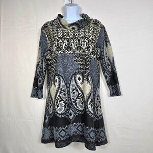 Knit Sweater Dress Womens Sz L Cowl Neck 3/4 Sleeves Boho Mini Paisley Fall